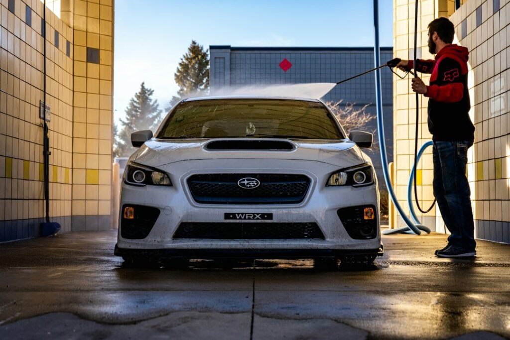 Clean white car after exterior washing